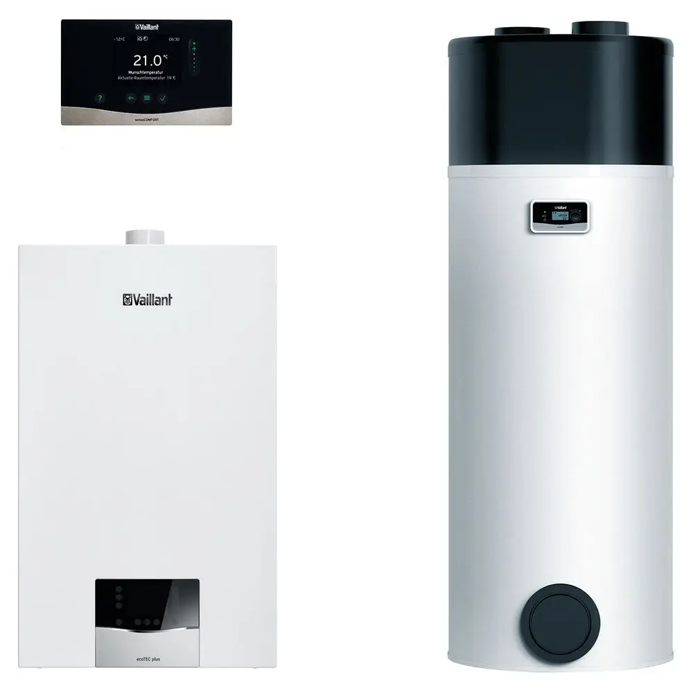 Vaillant Heizkessel in Weiß, kombiniert mit einem weißen Warmwasserspeicher und einem digitalen Thermostatdisplay, das die aktuelle Temperatur anzeigt.
